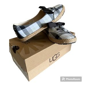 Girls Ugg Noella Ballet Espadrilles Bow Flats Sz 1 Black and White Plaid